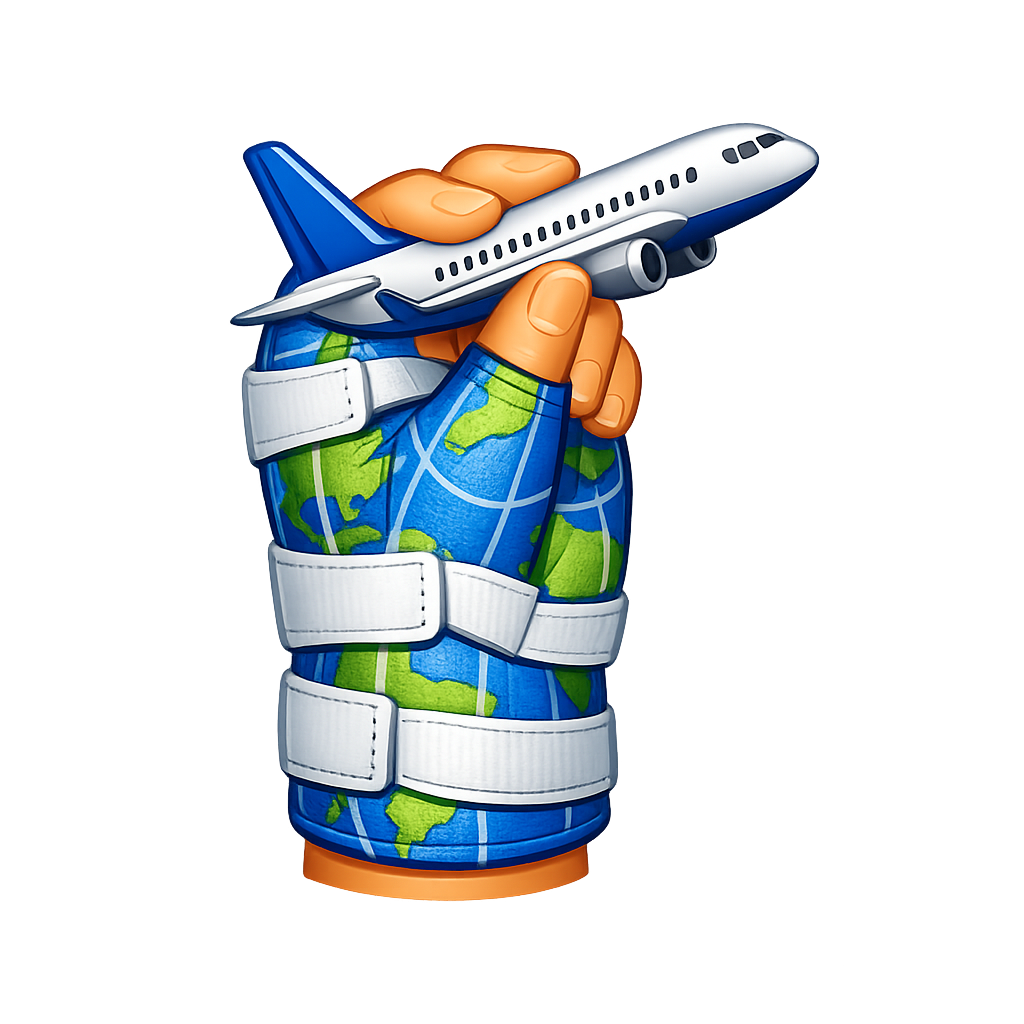 Stylized illustration of a hand in a cast printed with a world map, holding a small airplane—education graphic for travel planning around hand surgery recovery; use only on travel-planning surfaces, not as generic clinical photography.